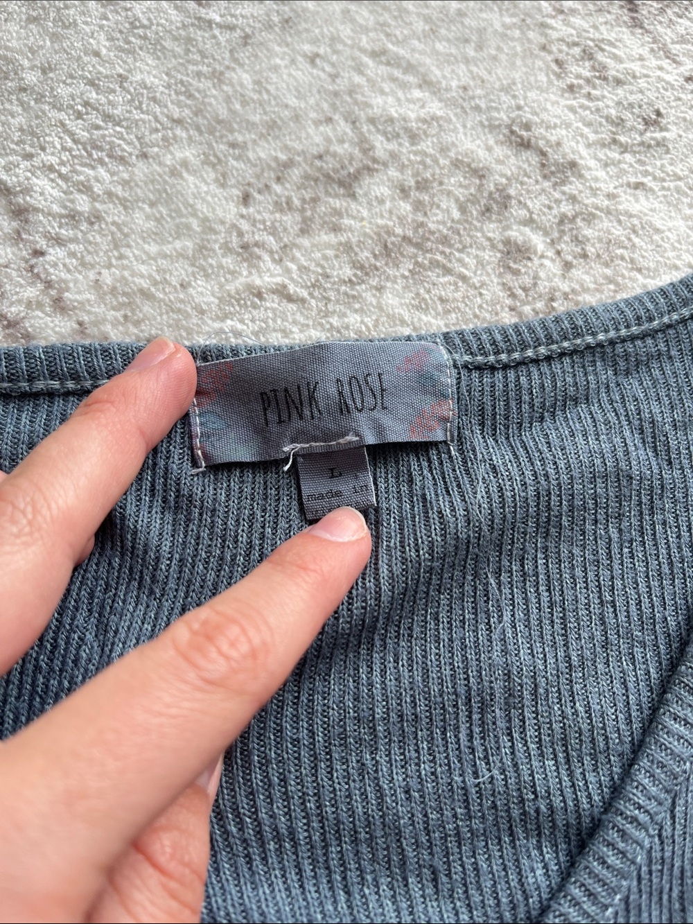 Pink Rose Slate Blue Ribbed Button-Front V-Neck Top - Picture 2 of 5